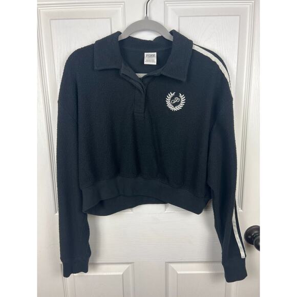 Victoria's Secret PINK Black Reverse Fleece Cropped Polo Sweatshirt Women's Med. - Picture 6 of 7